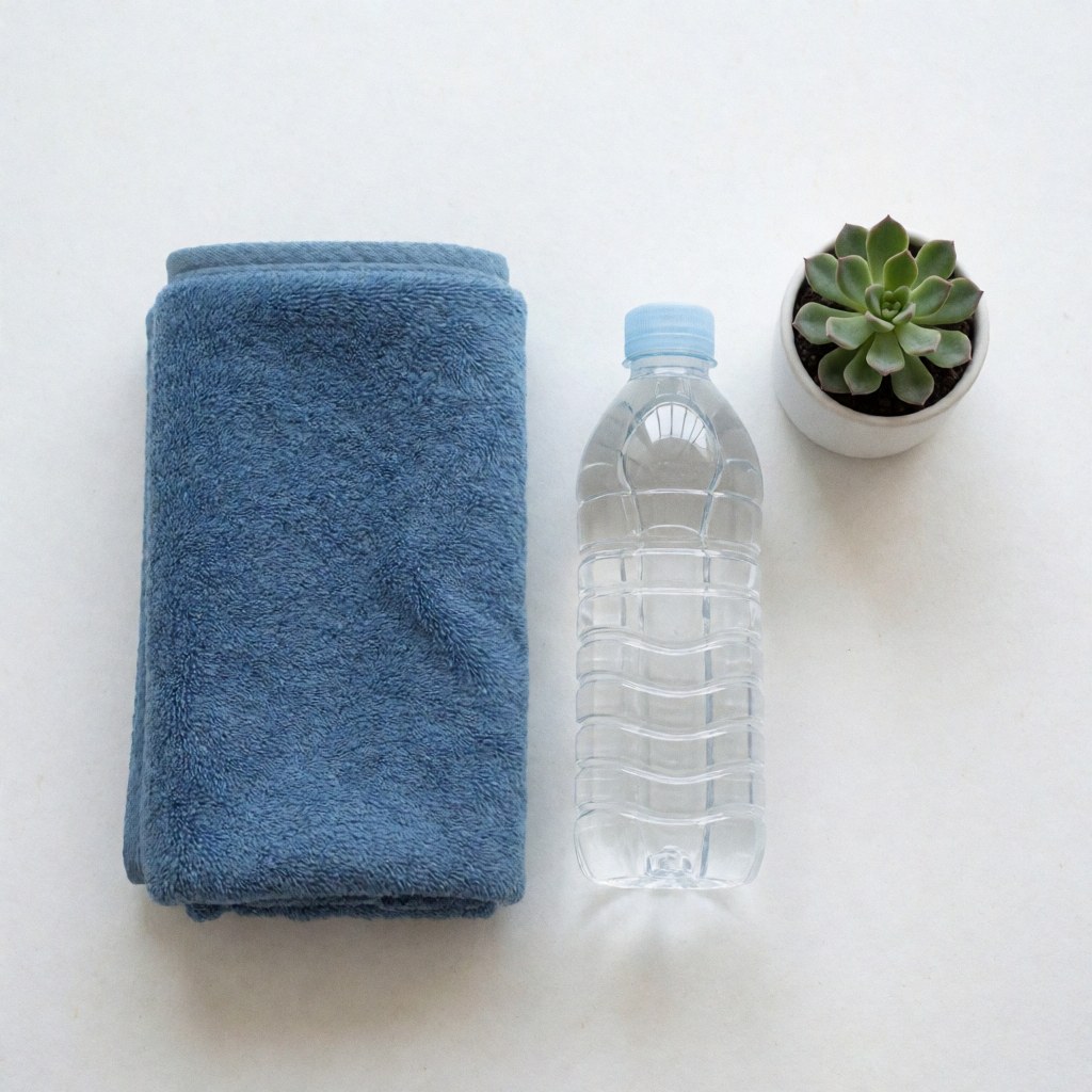 Folded blue towel, water bottle, and succulent plant on white surface, minimalist yoga and pilates product scene