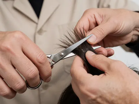A close-up view of professional barber scissors cutting dark hair against a white background, highlighting the precision of the haircutting process.