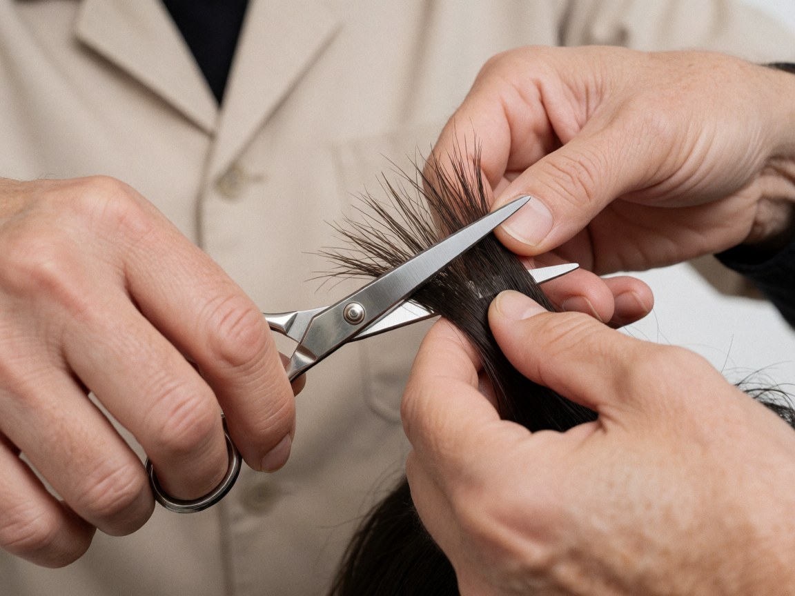 A close-up view of professional barber scissors cutting dark hair against a white background, highlighting the precision of the haircutting process.