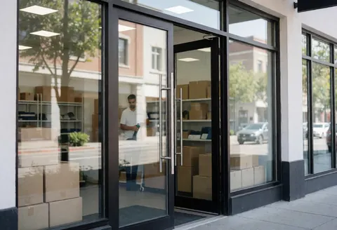 Modern glass storefront entrance of a cleaning service with a worker organizing boxes inside, showcasing a clean and professional environment.