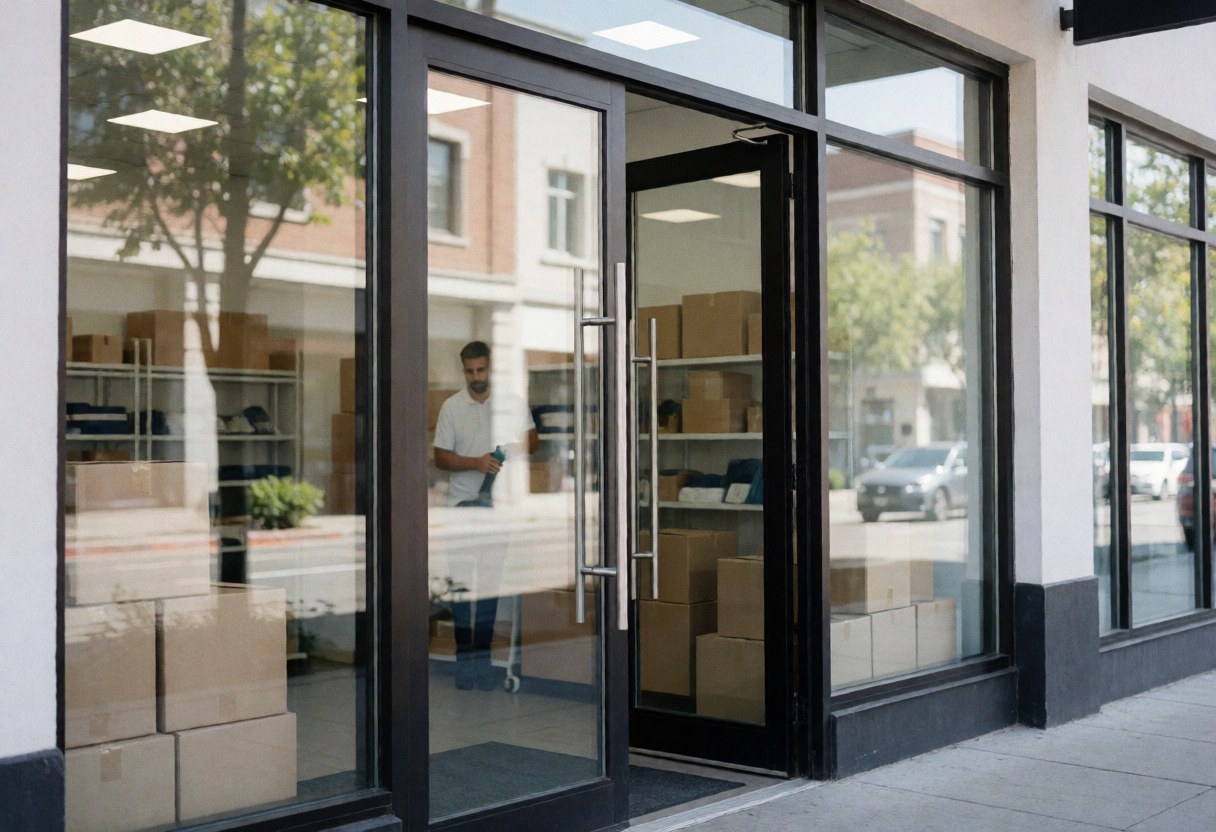 Modern glass storefront entrance of a cleaning service with a worker organizing boxes inside, showcasing a clean and professional environment.