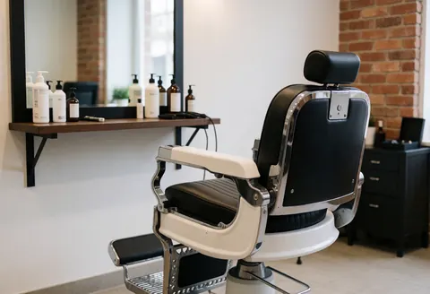 A classic vintage barber chair with chrome accents and leather upholstery positioned in a barbershop interior with brick walls and grooming products