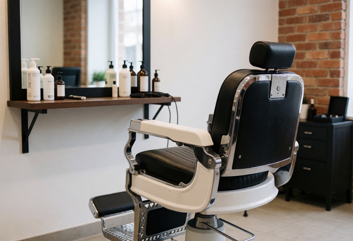 A classic vintage barber chair with chrome accents and leather upholstery positioned in a barbershop interior with brick walls and grooming products