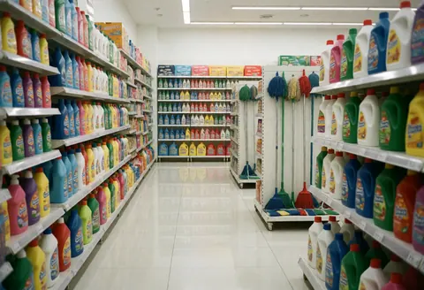 A clean and organized cleaning supply warehouse featuring shelves stocked with colorful bottles, a mop, and a shiny reflective floor under bright modern lighting.