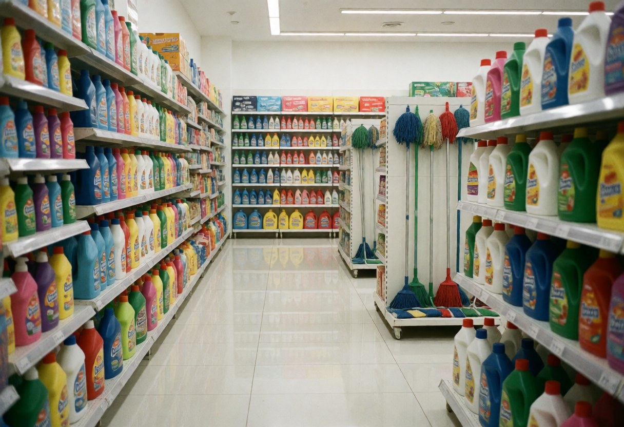 A clean and organized cleaning supply warehouse featuring shelves stocked with colorful bottles, a mop, and a shiny reflective floor under bright modern lighting.