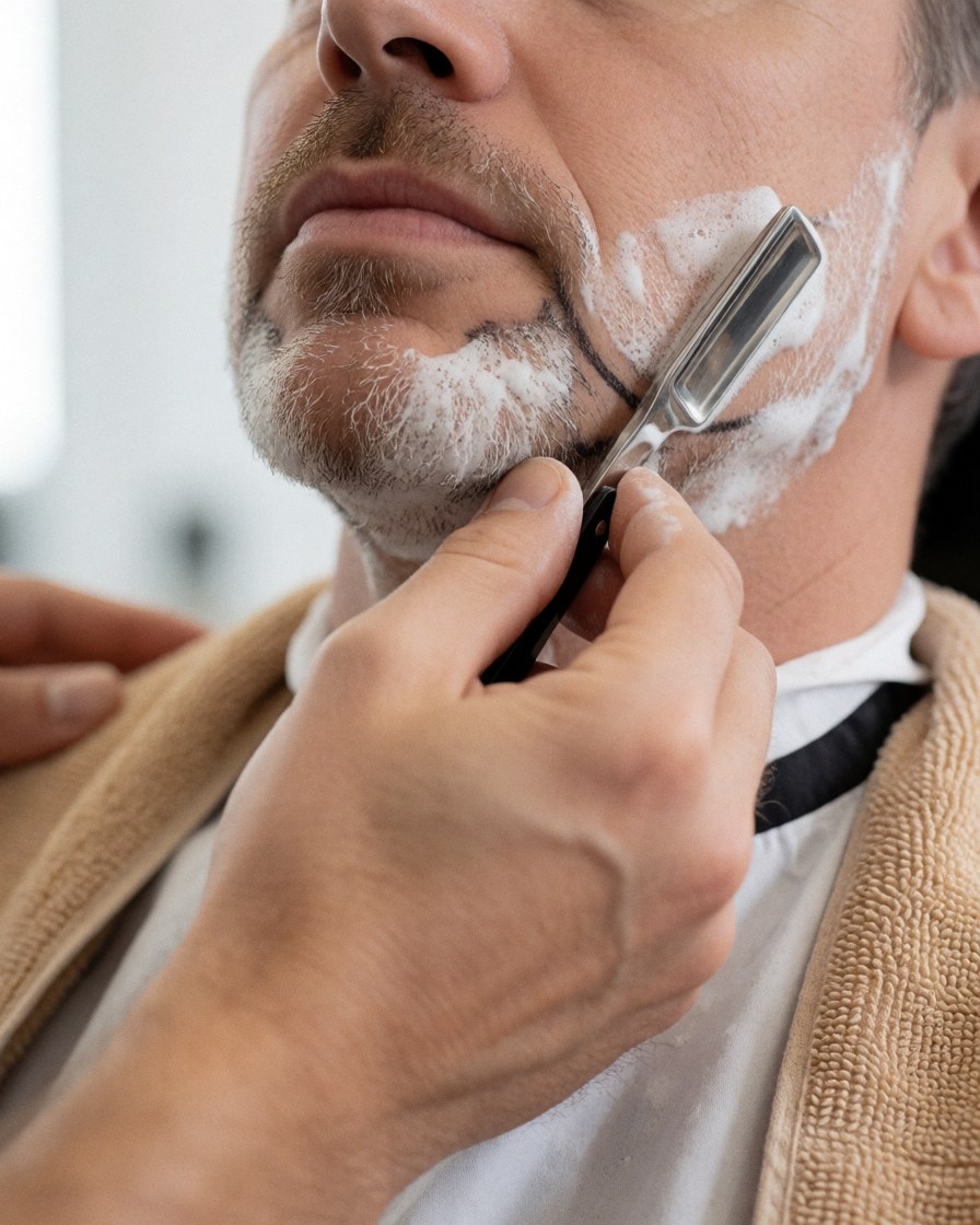Close-up of a barber using a straight razor and shaving foam to trim a client's beard, with a towel draped over the shoulder in a clean barbershop.