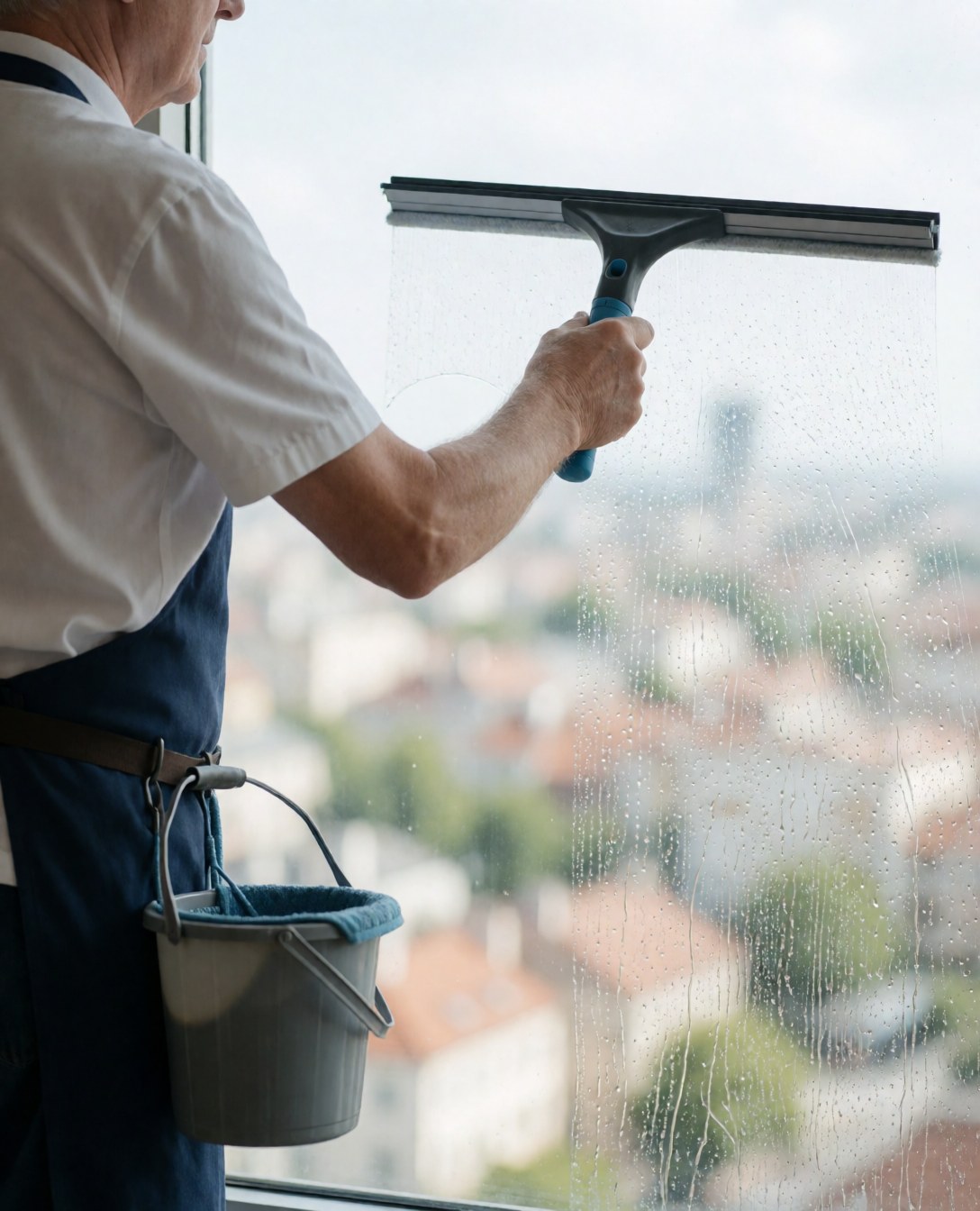 A professional cleaner uses a squeegee to wash a large window with a city skyline visible in the background.