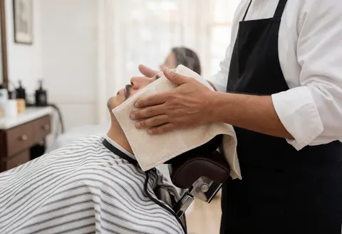 Professional barber applying a hot towel to a client's face while seated in a barber chair in a clean shop.