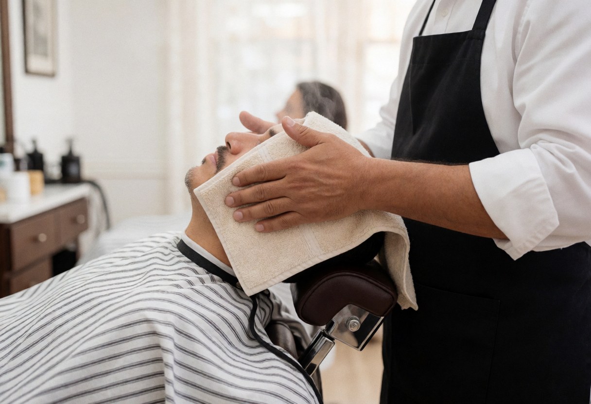 Professional barber applying a hot towel to a client's face while seated in a barber chair in a clean shop.