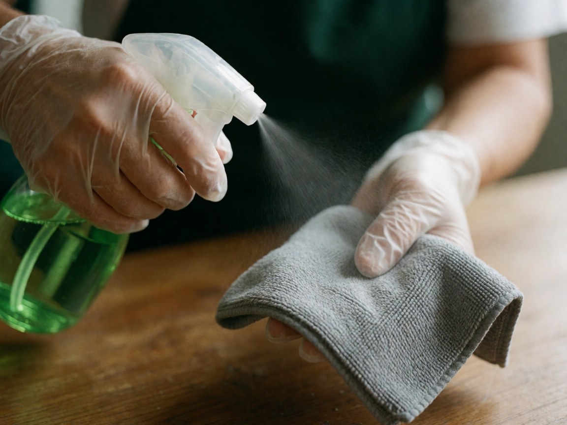 Hands in gloves applying green cleaning solution to a gray cloth on a wooden table, highlighting professional care details.