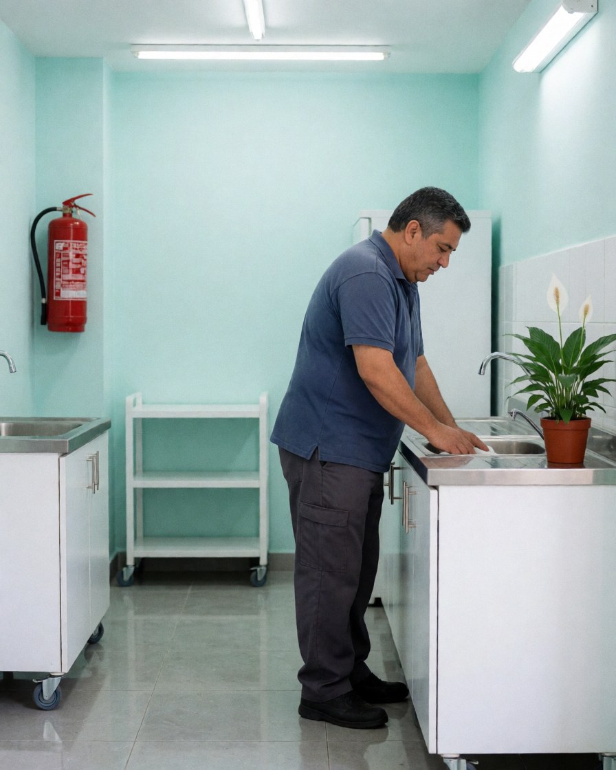 A business owner meticulously cleaning a kitchen sink and stove to ensure thorough sanitation and hygiene for the cleaning service.