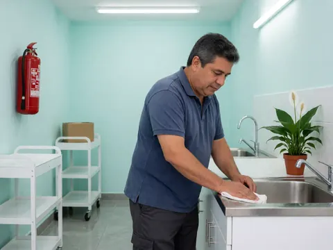 A man cleans a stainless steel sink in a cleaning store with turquoise walls, white carts, and a potted plant.