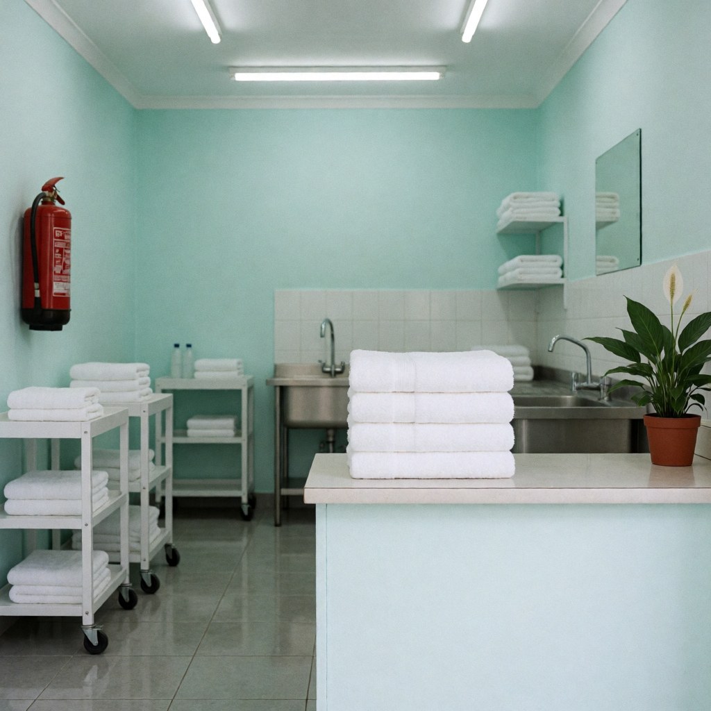 Neatly folded white towels on a counter with turquoise walls, stainless steel sinks, white carts, and a potted plant