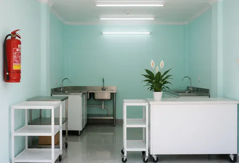 Interior of a cleaning supply store featuring turquoise walls, gray tiled floors, stainless steel sinks, white carts, a red fire extinguisher, and a peace lily on the counter.