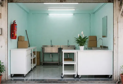 Interior of a cleaning store featuring turquoise walls, polished floors, stainless steel sinks, white rolling carts, a red fire extinguisher, and a potted plant on the counter under fluorescent lighting.