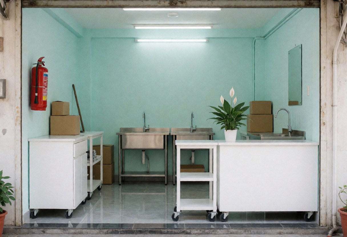 Interior of a cleaning store featuring turquoise walls, polished floors, stainless steel sinks, white rolling carts, a red fire extinguisher, and a potted plant on the counter under fluorescent lighting.