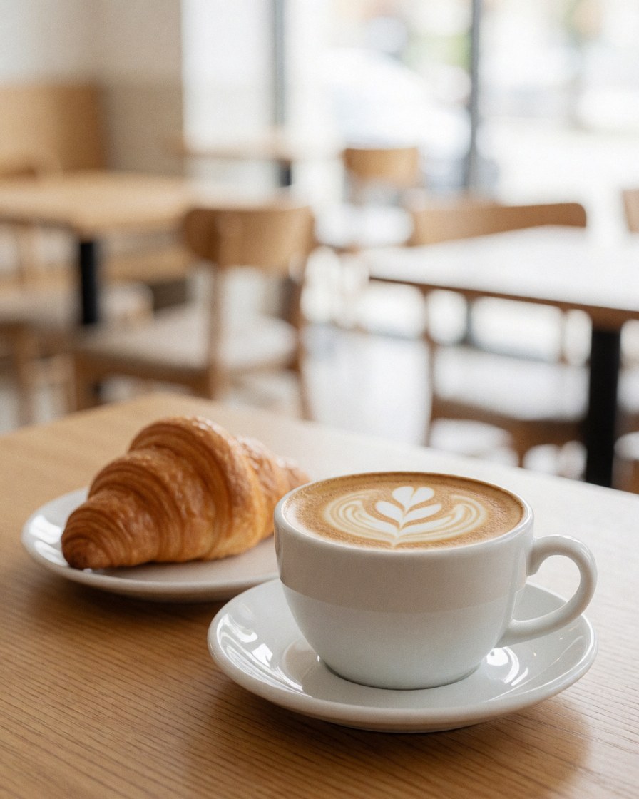 A latte with leaf art and a golden croissant on a light wooden table with soft morning light in a cozy coffee shop setting