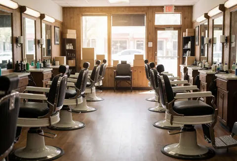 Empty vintage barbershop interior featuring classic barber chairs, large mirrors, and warm natural morning light streaming through windows onto wooden floors.