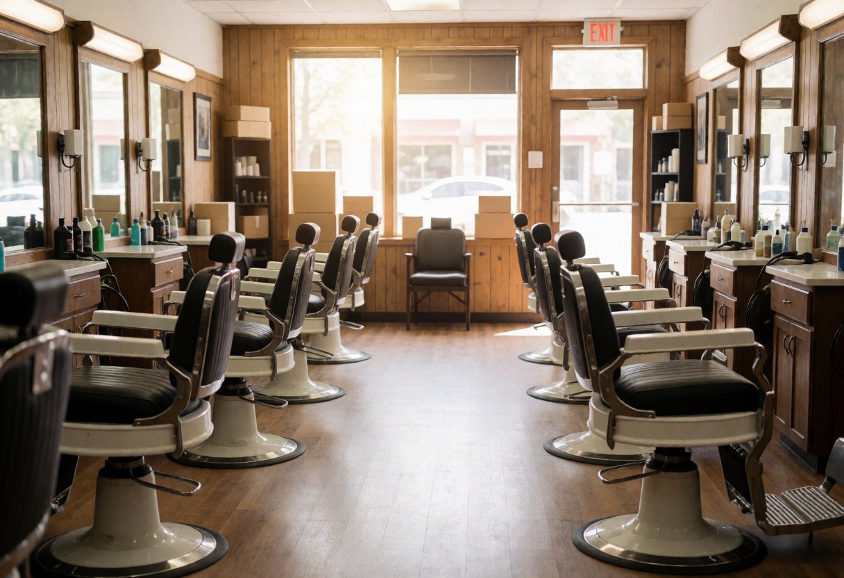 Empty vintage barbershop interior featuring classic barber chairs, large mirrors, and warm natural morning light streaming through windows onto wooden floors.