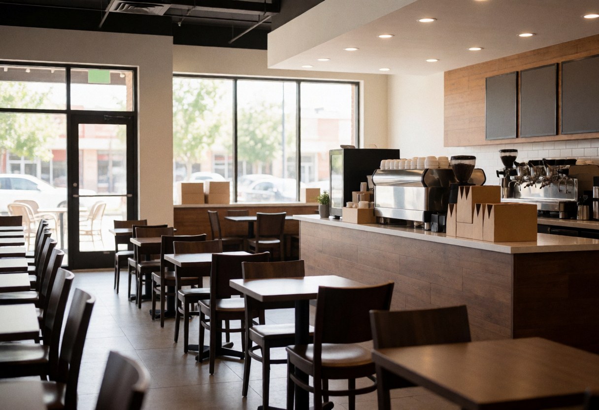 Empty coffee shop interior featuring wooden tables, chairs, and a counter with natural light streaming through windows