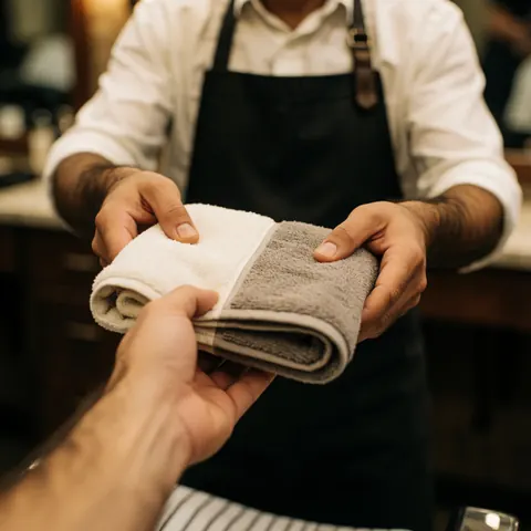 A barber's hands holding a white towel while presenting it to a seated client in a professional barbershop setting