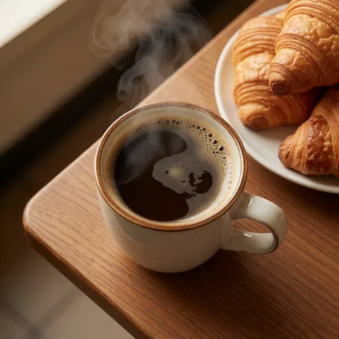 Steaming cup of coffee and fresh pastries arranged on a rustic wooden table, perfect for coffee shop product displays