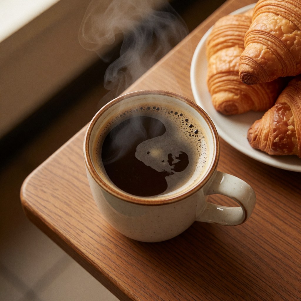 Steaming cup of coffee and fresh pastries arranged on a rustic wooden table, perfect for coffee shop product displays