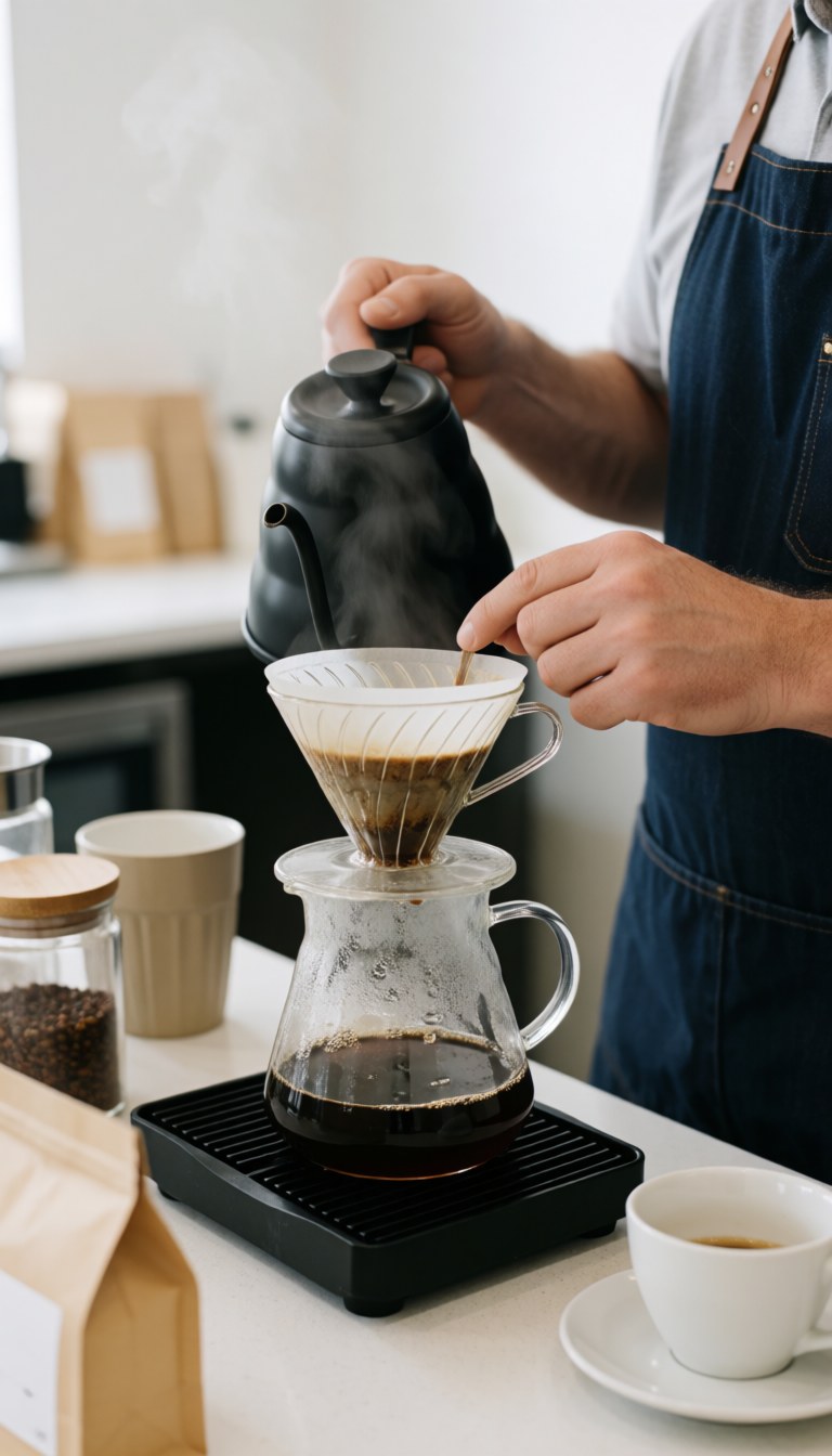 A close-up view of specialty filtered coffee being poured from a kettle into a filter, highlighting the brewing process in a modern coffee shop setting.