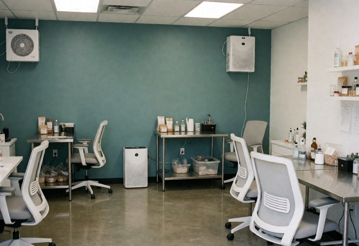 Empty and pristine consultation room with ergonomic chairs, tables, and air purifier in a professional nutrition clinic setting