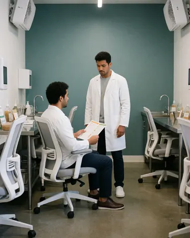 A satisfied customer sits in an ergonomic chair reviewing a nutritional guide with a professional in a modern teal and white clinic.