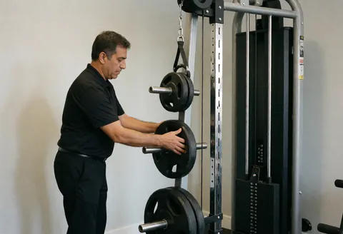 Fitness trainer adjusting weight stack on a cable machine in a clean gym, preparing equipment for client service