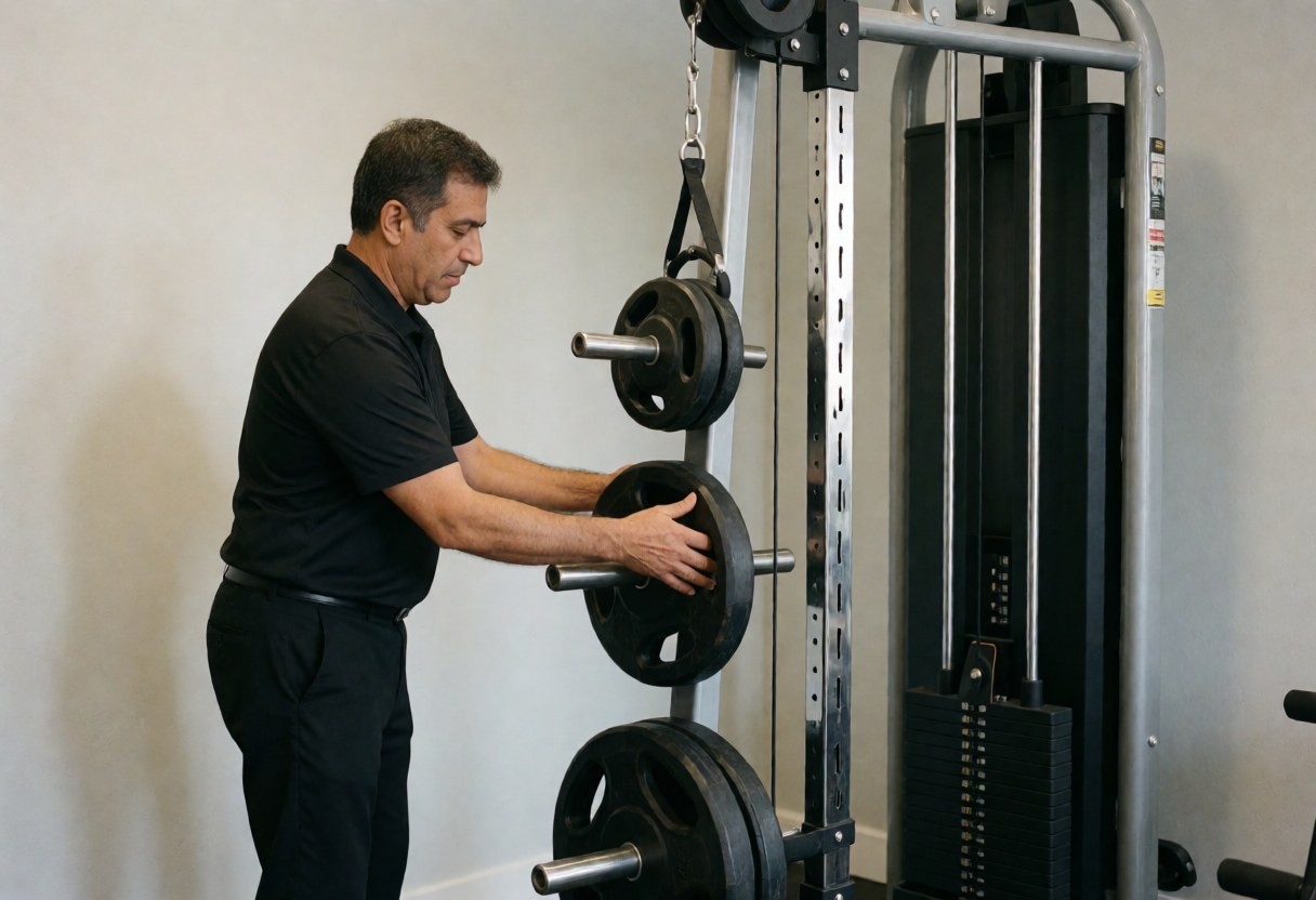 Fitness trainer adjusting weight stack on a cable machine in a clean gym, preparing equipment for client service