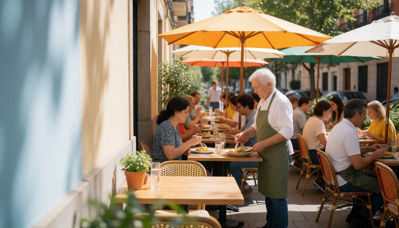 Bright sunny outdoor terrace area with empty space for text, ideal for restaurant website hero images