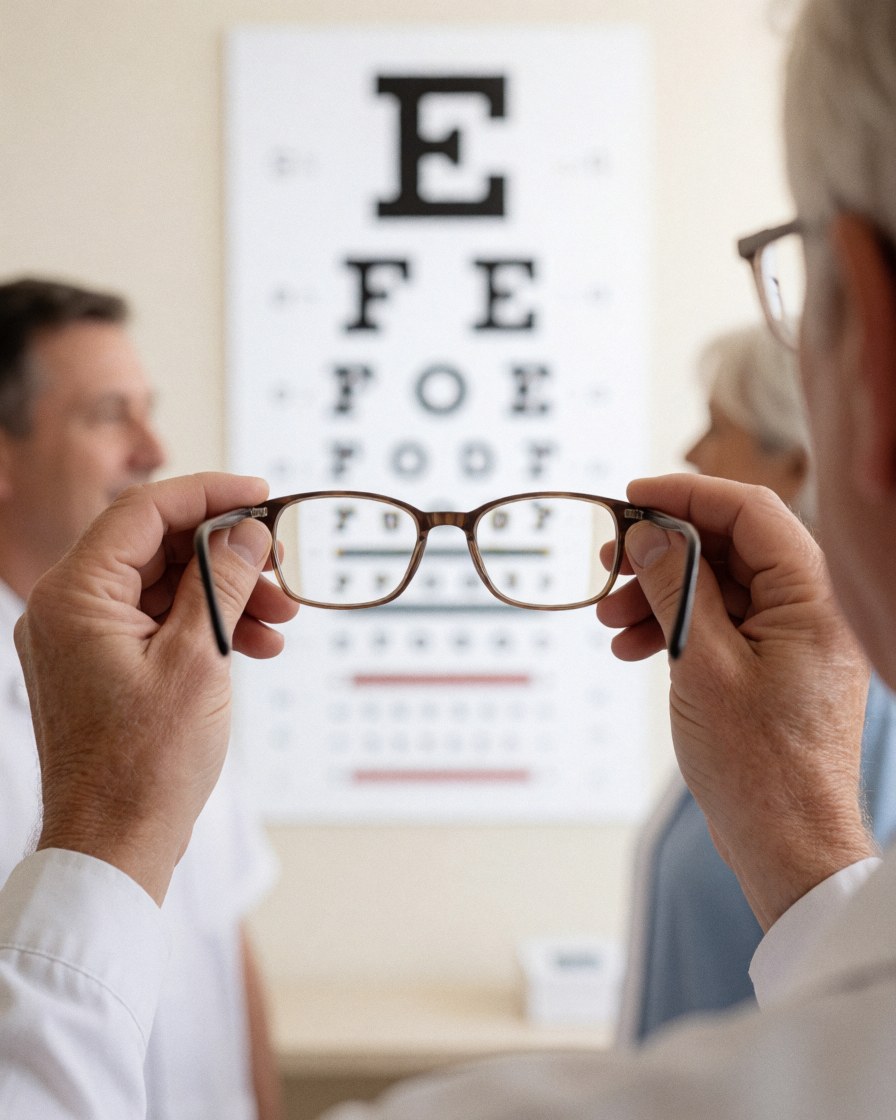 A pair of eyeglasses positioned in front of a standard vision chart used for eye examinations in an optical store