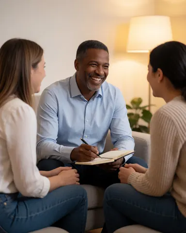 A smiling man writing in a notebook while talking with two women in a cozy, warmly lit living room setting.