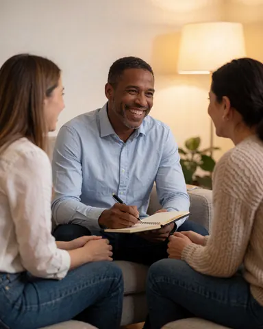 A smiling man writing in a notebook while talking with two women in a cozy, warmly lit living room setting.