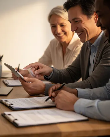 Smiling teachers review documents and a tablet on a wooden table in an office with warm collaborative lighting.