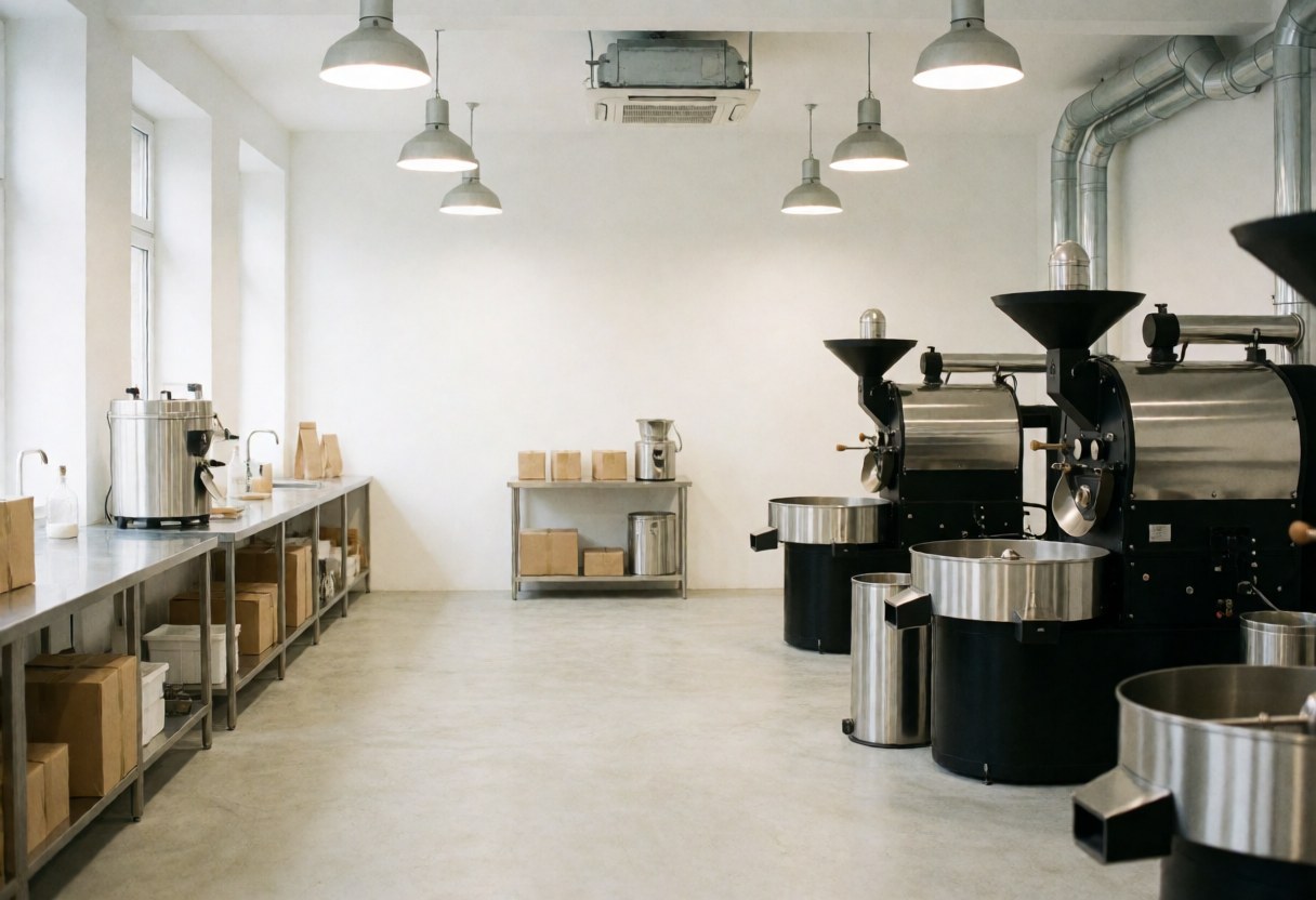 Empty minimalist coffee roastery interior featuring industrial roasting equipment, concrete floors, and bright overhead lighting ready for operation