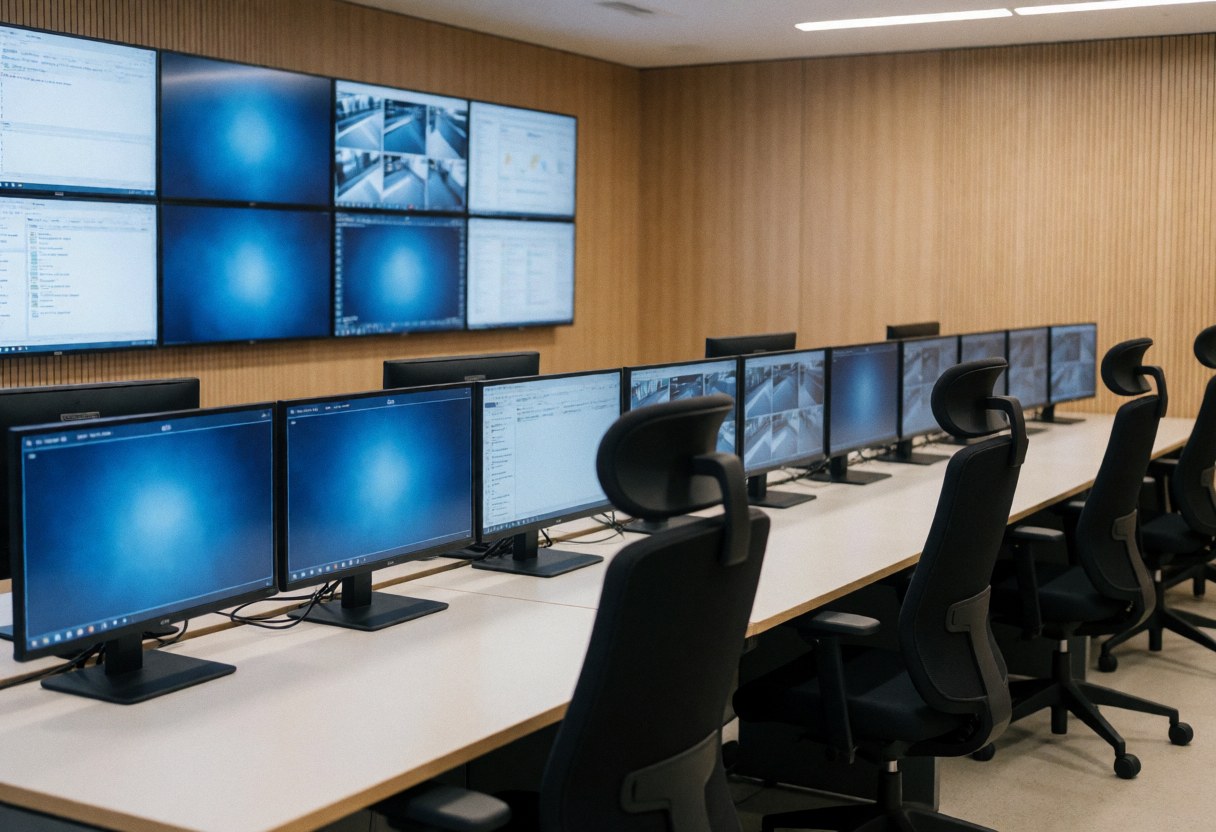 Security control room featuring multiple monitors, ergonomic chairs, and wood-paneled walls in a clean, professional environment for surveillance businesses.