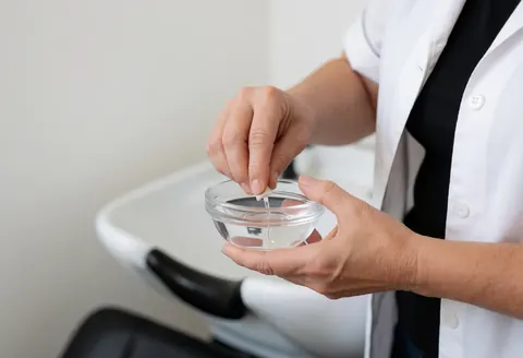Professional manicurist mixing nail product in a glass bowl with hands visible, natural lighting, and salon background for service preparation