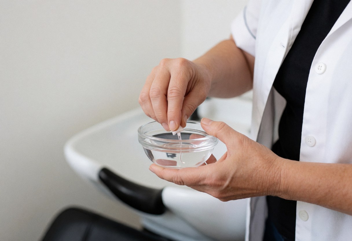 Professional manicurist mixing nail product in a glass bowl with hands visible, natural lighting, and salon background for service preparation
