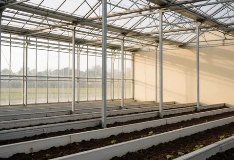 Clean agricultural greenhouse with metal frame, beige walls, and young plants in grow beds under soft natural light