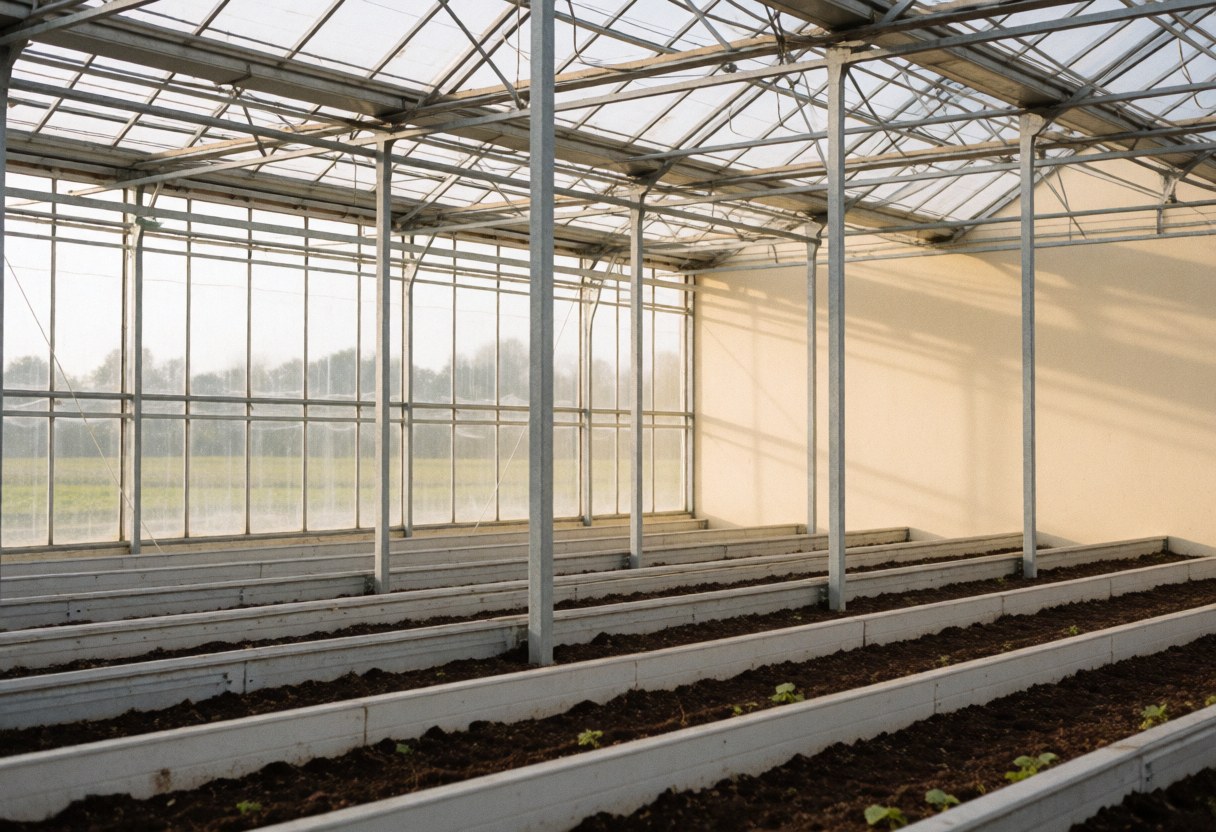 Clean agricultural greenhouse with metal frame, beige walls, and young plants in grow beds under soft natural light