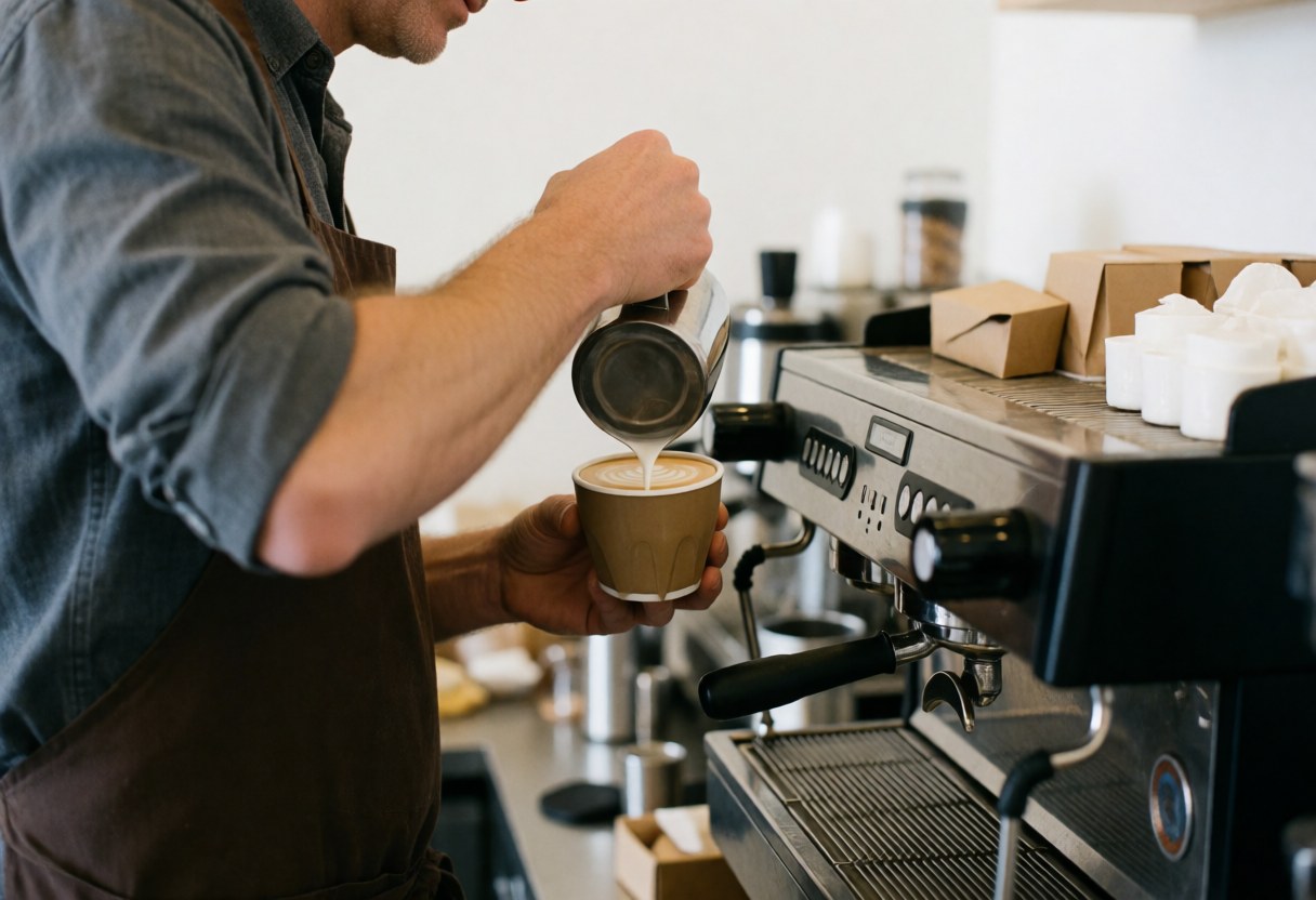 A close-up view of a barista preparing a latte with milk foam art in a paper cup at a coffee shop counter