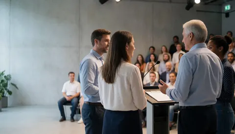 Four professionals attending a business presentation in a modern auditorium featuring concrete walls, stage lighting, and an engaged audience in the background.