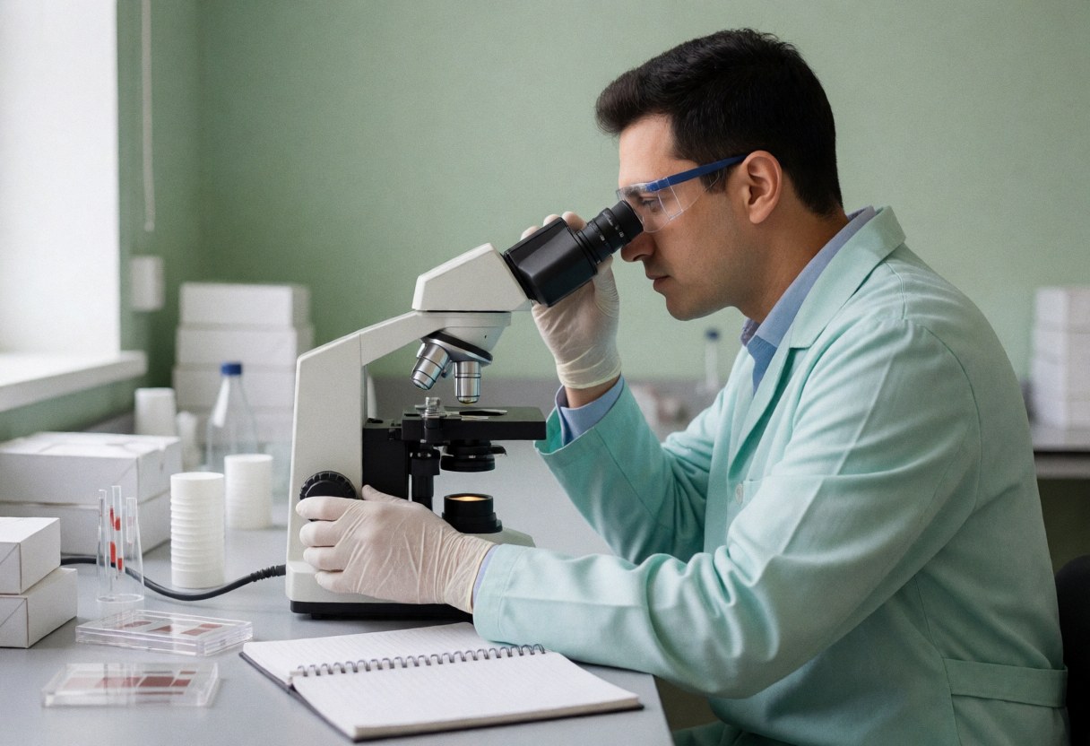 Lab technician wearing safety goggles and gloves works with a microscope, slides, and notebook on a clean desk in a professional clinical setting.