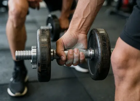 Close-up of muscular hands holding a chalk-dusted dumbbell against a dark gym floor, highlighting realistic metal and skin texture.