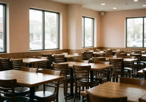A quiet and empty restaurant interior featuring wooden tables and chairs, beige walls, and large windows letting in natural daylight.