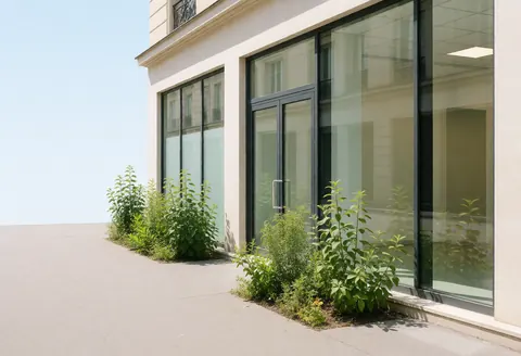 Modern office building facade featuring large glass windows, green plants along the pavement edge, and a clear sky, suitable for human resources branding.