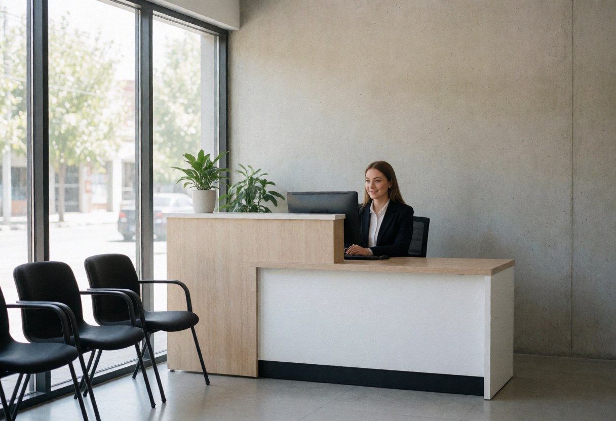 Bright and tidy reception desk in a contemporary security firm office with waiting chairs, plants, and large windows